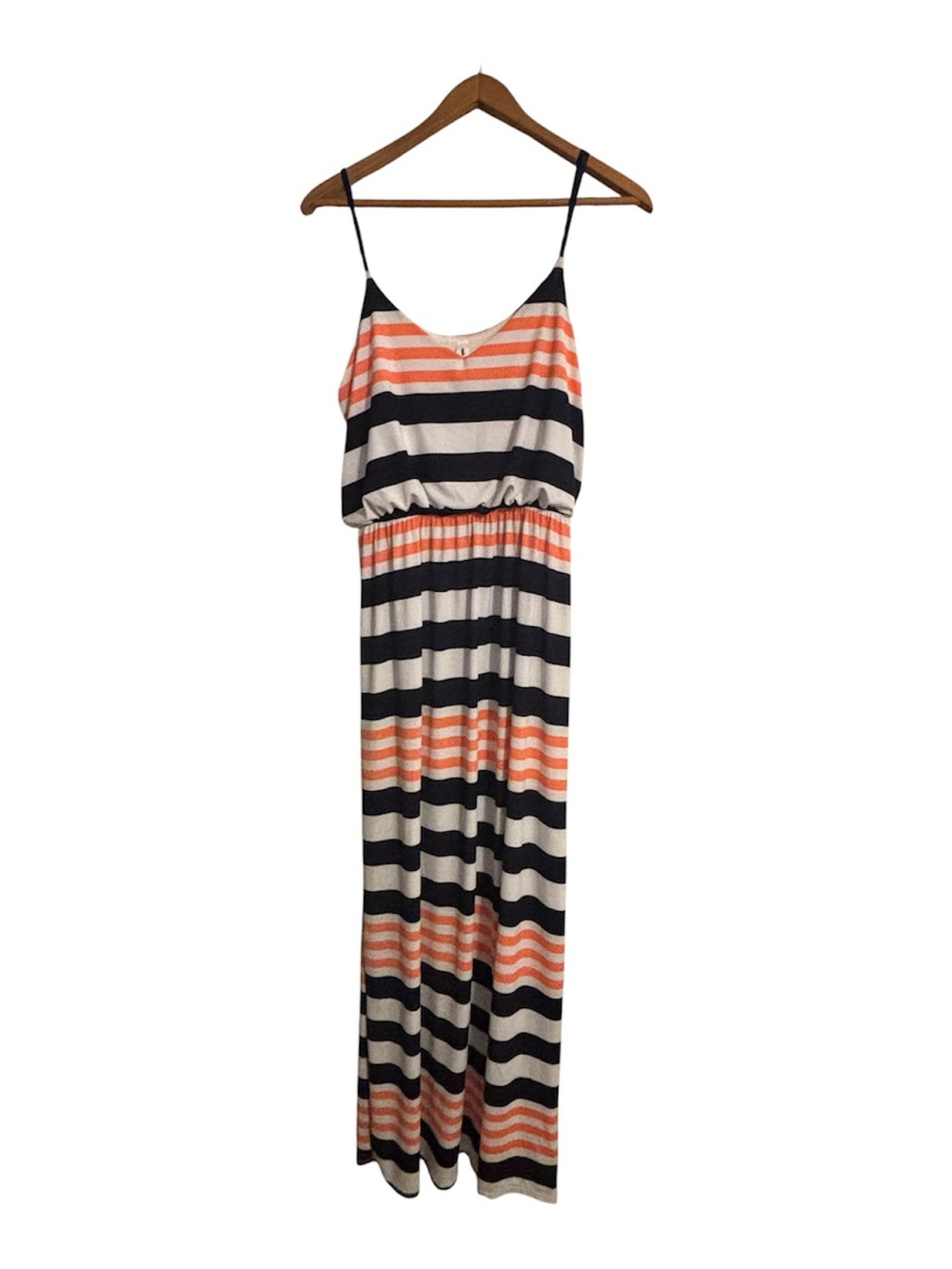 Women's Spaghetti Strap Maxi Dress Navy White Coral Strip Size M By Vanilla Bay